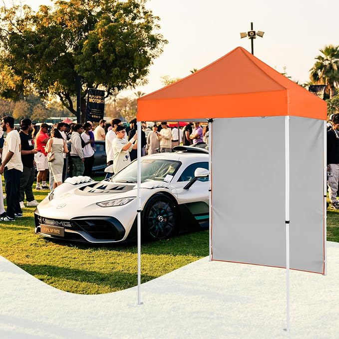 5x5 Pop Up Canopy Tent with One Sidewall, Instant Portable Beach Canopy, Outdoor Tent with Carry Bag for Camping, Sports, Tailgating, Events, Orange