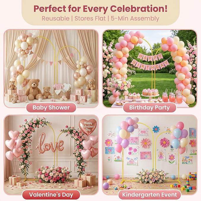 Toolterritary Metal Arch Backdrop Stand Set of 2, 8FT+ 6.6FT Balloon Arch Stand, Gold Wedding Arch Frame with Stable Base, Arch Backdrop for Party Birthday Baby Shower Graduation Decor