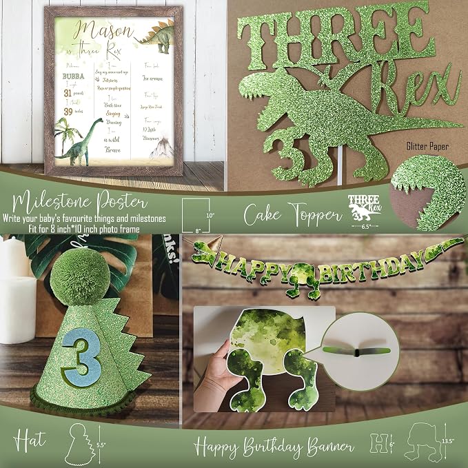 Three Rex Birthday Party Decorations Boy, Dinosaur 3rd Birthday Party Supplies, Three Rex Backdrop Tablecloth Fringe Curtain Balloon Arch Cake Topper Birthday Banner Hat