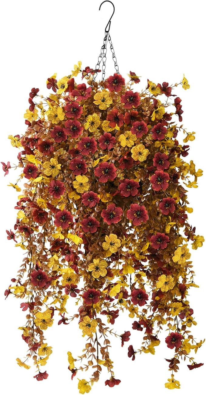 Homsunny Fall Artificial Faux Mums Hanging Flowers Plants Basket for Outdoor Decoration,Fake Silk Daisy planters UV Resistant Look Real for Home Porch Patio Balcony Yard Autumn Decor (Yellow Brown)