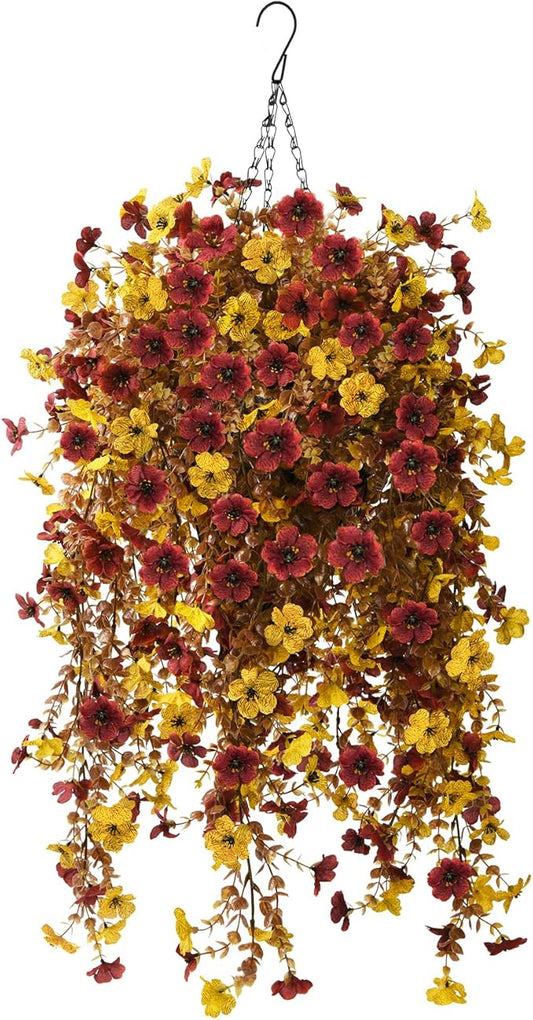 Homsunny Fall Artificial Faux Mums Hanging Flowers Plants Basket for Outdoor Decoration,Fake Silk Daisy planters UV Resistant Look Real for Home Porch Patio Balcony Yard Autumn Decor (Yellow Brown)
