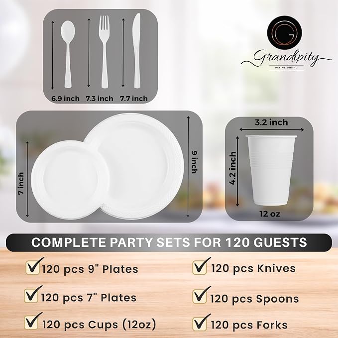 Grandipity 720 Piece White Disposable Dinnerware Set, Plastic Dinnerware Set Includes 120 Count 9' Dinner Plates, 7' Dessert Plates, 12oz Cups, Forks, Knives & Spoons
