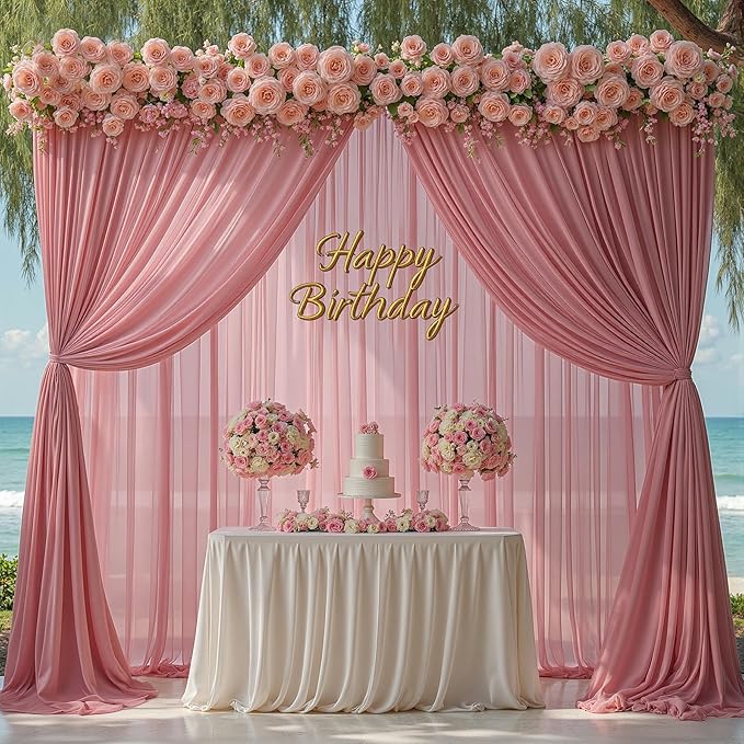 10ft x 10ft Dusty Rose Backdrop Curtains, Wrinkle-Free Sheer Chiffon Fabric Photo Backdrop Drapes for Wedding Arch Party Ceremony Stage Photography Birthday Decorations