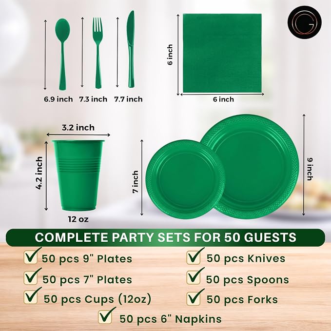 Grandipity 350 Piece Green Disposable Dinnerware Set, Includes 50 of Each: 9" Dinner Plates, 7" Dessert Plates, 12oz Cups, Paper Napkins, Forks, Knives & Spoons