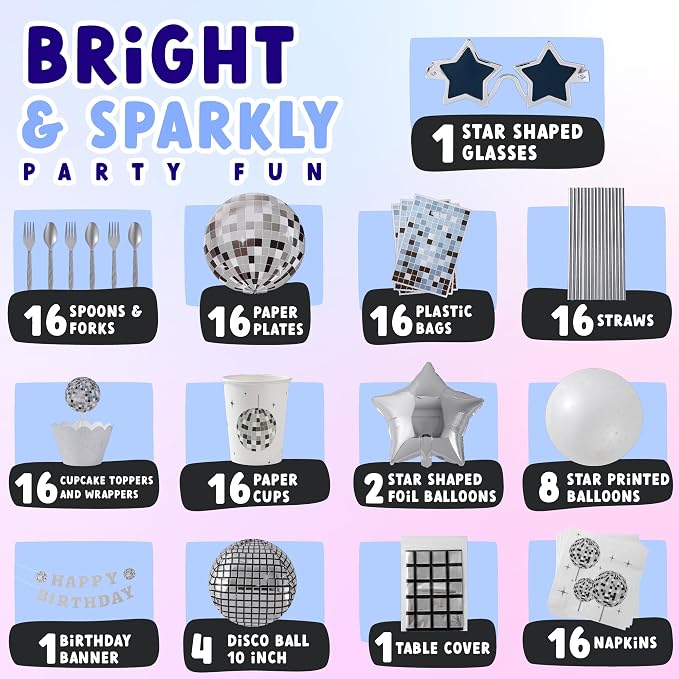 ecoZen Disco Birthday Decorations Set - Sparkly Themed Supplies with Disco Ball Decor, Iridescent Balloons, Tableware, Flatware, Cupcake Liners, Table Cover, Happy Birthday Banner, Party Favor Bags