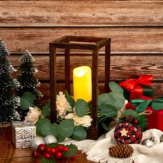 Sabary 15 Set/45 Pcs Wooden Wedding Lantern Centerpiece, Include 15 Candle Holder 15 LED Candle 15 Eucalyptus Leave Wreath for Rustic Wedding Table Decoration, Country Barn Table Valentine Decor