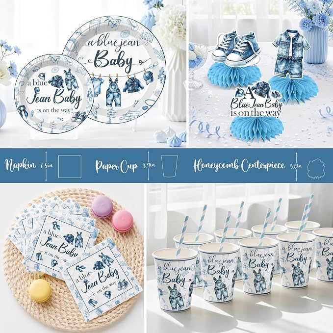 Xynic 213pcs Blue Jean Baby Shower Decorations or Boy, Serves 25 People, Includes Pre-strung Banner, Heavy-duty 350gsm Paper Plates, Waterproof & Oil-proof Disposable Plastic Tablecloths