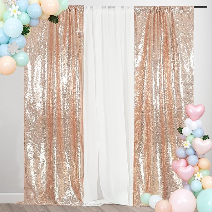 SquarePie 2 PCS 2x8ft Rose Gold Sequin Backdrop Curtains, Satin-Backed Shimmering Photo Booth Background, 2 Panels Narrow Real Sequin Drapes with 4" Rod Pocket for Party, Baby Shower, Doorway Decor