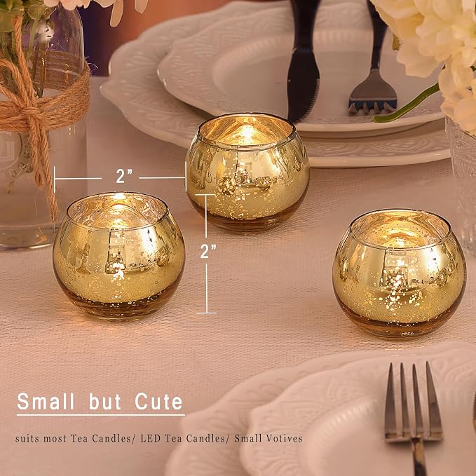 12 Pcs Gold Votive Candle Holders- Gold centerpieces for Tables, Mercury Glass Votives for Wedding, Rehearsal Dinner, Engagement, Birthday Party Decorations
