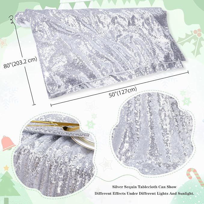 MoKoHouse Silver Sequin Tablecloth Rectangle 50" x 80" Glitter Table Cloth Sparkly Fabric for Halloween Birthday Parties Cake Dessert Table Decorations