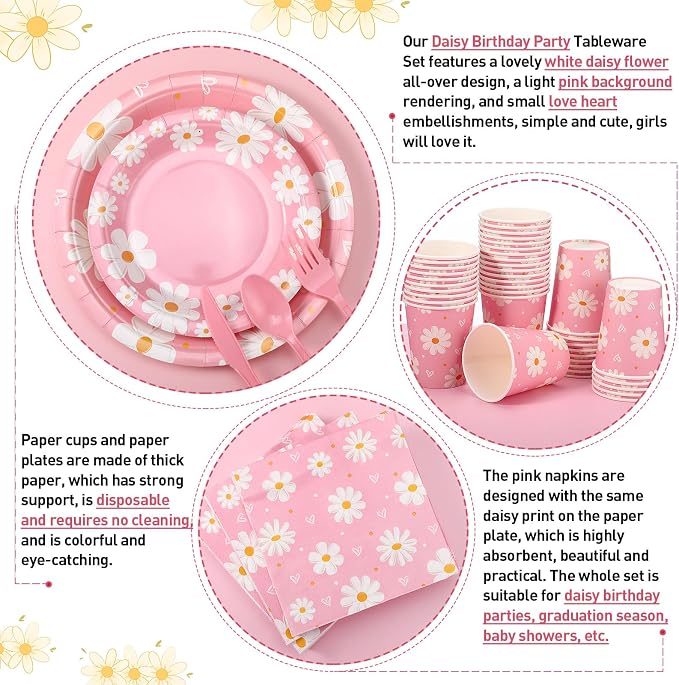 Ziliny 350 Pcs Daisy Party Supplies Tableware Set Disposable 9'' 7'' Paper Plates 9 oz Cups Cutlery Napkins Dinnerware Set for 1st Birthday, Serve 50 (Daisy Birthday, White, Pink)