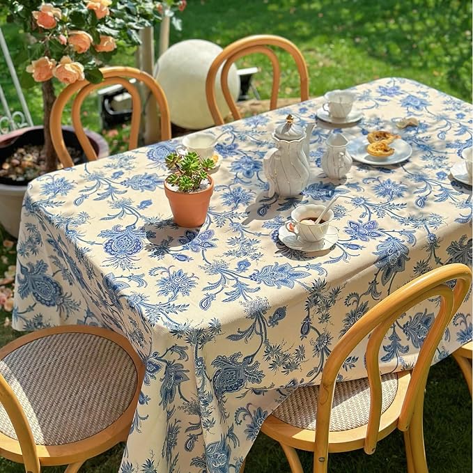 Rectangle Outdoor Tablecloth, Waterproof Table Cloth, Dining Table Cover for Farmhouse, Wedding, Dinner, Picnic - Spring/Summer, 54"x72", Beige Blue Flower