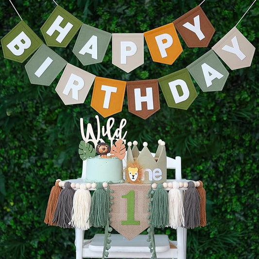 DCJHFJ Wild One High Chair Banner Brown Green Felt Happy Birthday Banner Pre-Strung Jungle Safari First Birthday Decorations for Boy