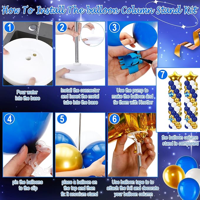 Gejoy 110 Pcs Blue Gold Balloons Column Stand Kit Adjustable Tower Stand from 1.4 to 6.6 ft with Bases for Back to School Wedding Birthday Baby Shower Party