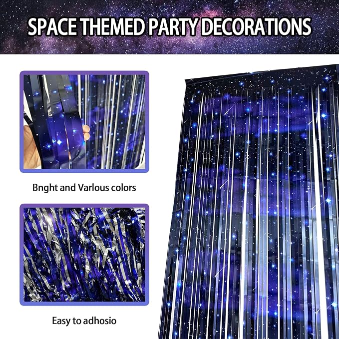 4 Pcs Galaxy Foil Curtains Backdrop for Space Themed Party Decorations, Iridescent Tinsel Curtains Blue Streamers for Space Astronaut, Music Theme Birthday Party Decorations