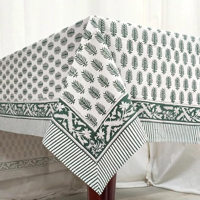 Ridhi Emerald Green Hand Block Print Cotton Rectangle Tablecloth 102" x 48" inches Reusable Table Cover Decorative Everyday Use for Dining Room, Farmhouse, Home Gift for Spring, Mother's Day