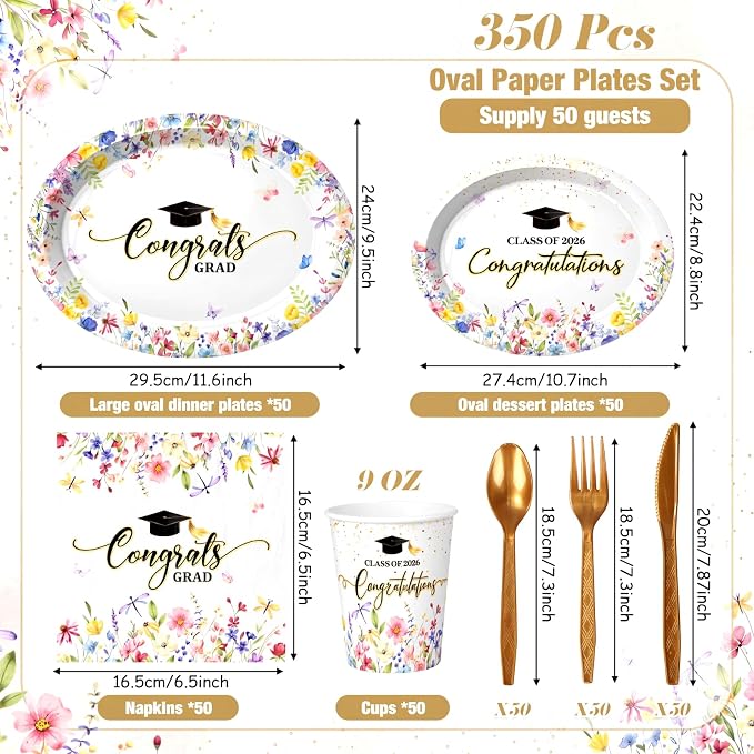 Pajean 350 Pcs 2026 Graduation Party Decorations Wildflower Graduation Oval Plates and Napkins Flowers Heavy Duty 12 inch Disposable Tableware Set for 50 Guests Class of 2026 Grad Party Supplies