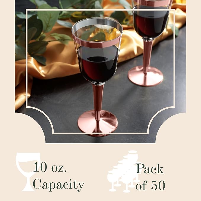 BloominGoods 50 Rose Gold Rimmed Disposable Plastic Wine Glasses | Large 10 oz. Premium Clear Hard Plastic Fancy Wine Cups for Weddings & Events (50-Pack)