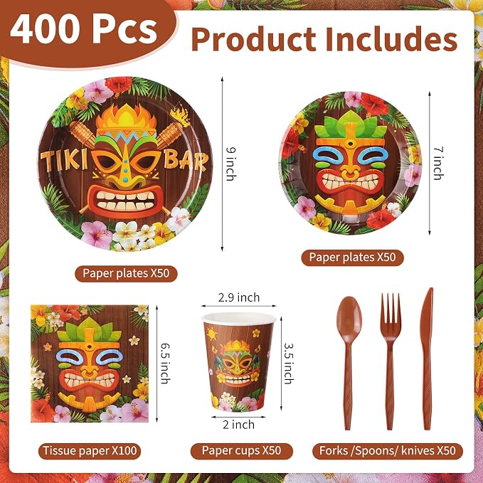 Pickmesh 400 Pcs Hawaiian Tiki Bar Party Supplies - Disposable Tiki Plates and Napkins, Cups and Cutlery Party Favor Hawaiian Luau Decorations for 50 Guests