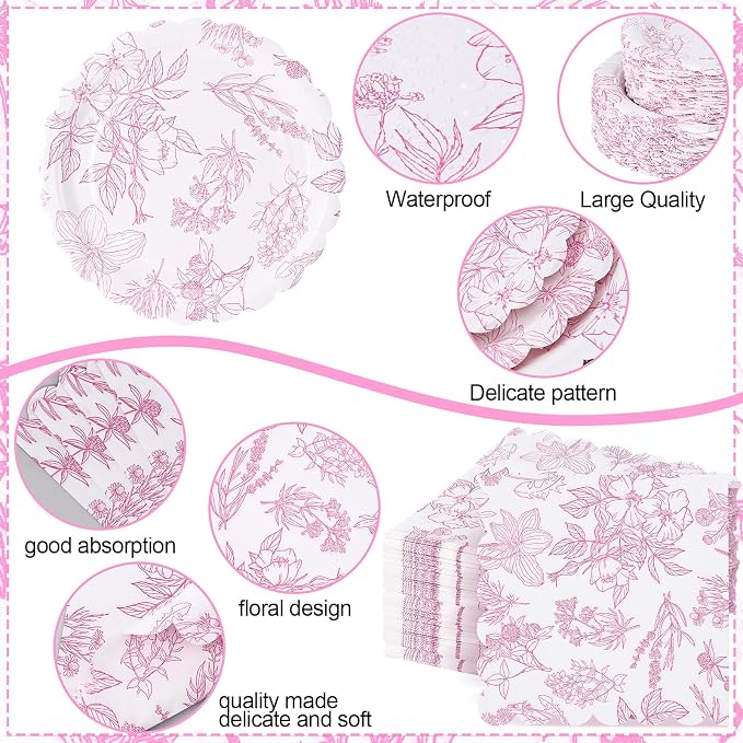 Havawish 400 Pcs Pink Floral Party Plates Disposable Tableware Set for 50 Guest Spring Flower Paper Plates Tea Party Scalloped Plates Napkins Cups for Wedding Party Baby Bridal Shower