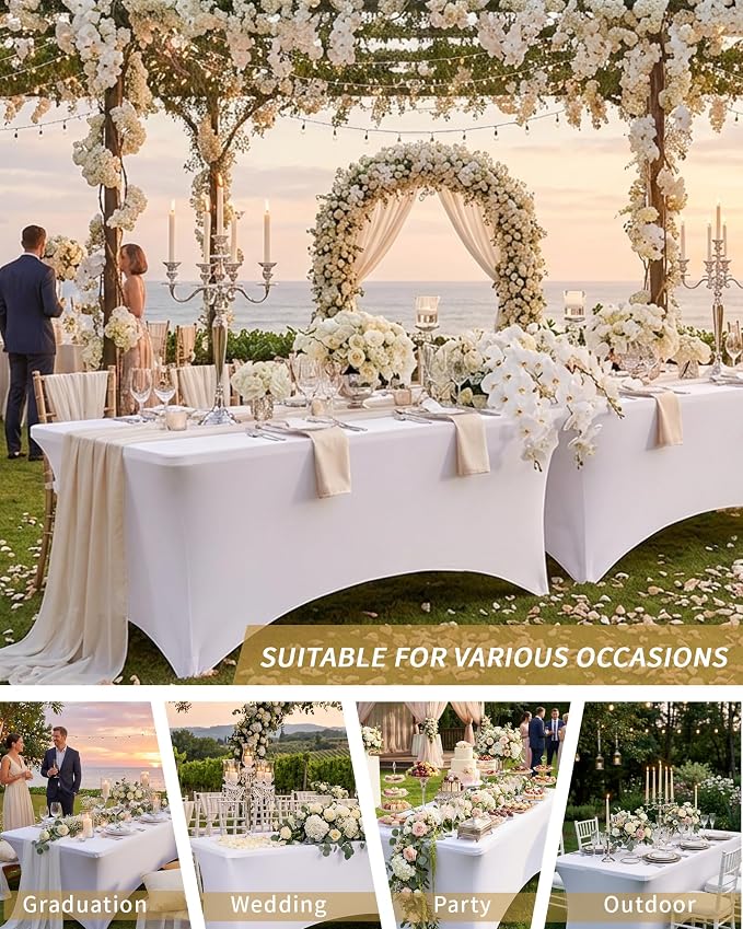 Fixwal White Stretch Table Cloth Rectangle 4 Pack 6Ft, Spandex Fitted Table Covers Washable for Party, Trade Show, Banquet, Wedding, Buffet