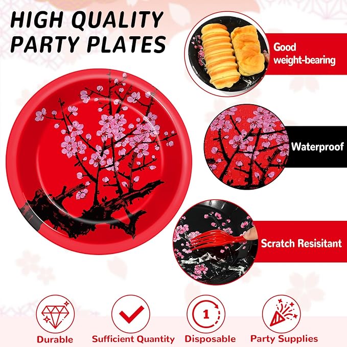 96Pcs Hibachi Party Decorations Chinese Japanese Cherry Blossom Tableware Sets Cherry Flowers Party Plates and Napkins for Hibachi New Year Spring Festival Wedding Supplies for 24 Guests