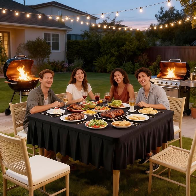 Wish Care Black Spandex Tablecloths for 54x54 Inch Square Tables, Stretch Fitted Table Clothes with Pleated Ruffle Skirt for 54” Table, Wrinkle Free and Elastic, for Party Kitchen Home Dining