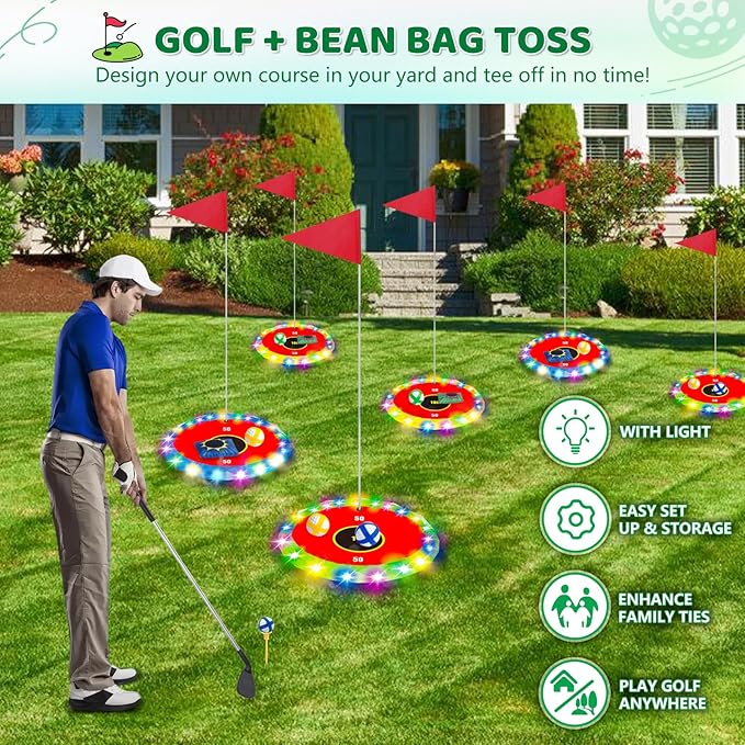 TERRAMUS Glow in the Dark Golf & Toss Game, 2 in 1 LED Target Set with 2 Clubs, 18 Balls, 6 Bean Bags, Outdoor Indoor Backyard Toy for Kids Ages 4 5 6 7 8, Birthday Gifts for Boys Girls
