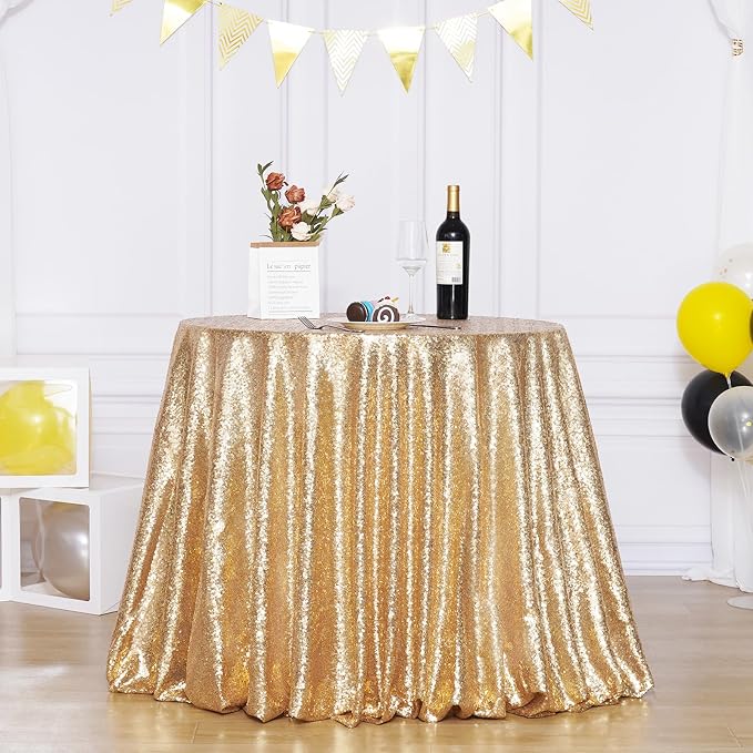 Poise3EHome 90-Inch Round Light Gold Sequin Tablecloth for Party Cake Dessert Table Exhibition Events