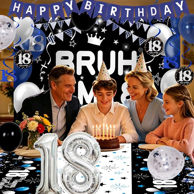 18th Birthday Decorations for Boys & Girls, 54 PCS Blue Black Party Decorations, 18 Year Old Boy Birthday Party Supplie with Banner Backdrop, Hanging Swirls, Tablecloth, Bruh I'm 18 Party Supplies
