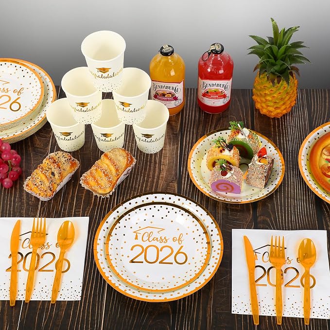 350pcs Class of 2026 Graduation Plates and Napkins Set, Disposable Paper Plate Set Polka Dots Napkins Cups Knife Fork Spoon for Graduation Party Decorations and Supplies,Serve 50 (White Orange)