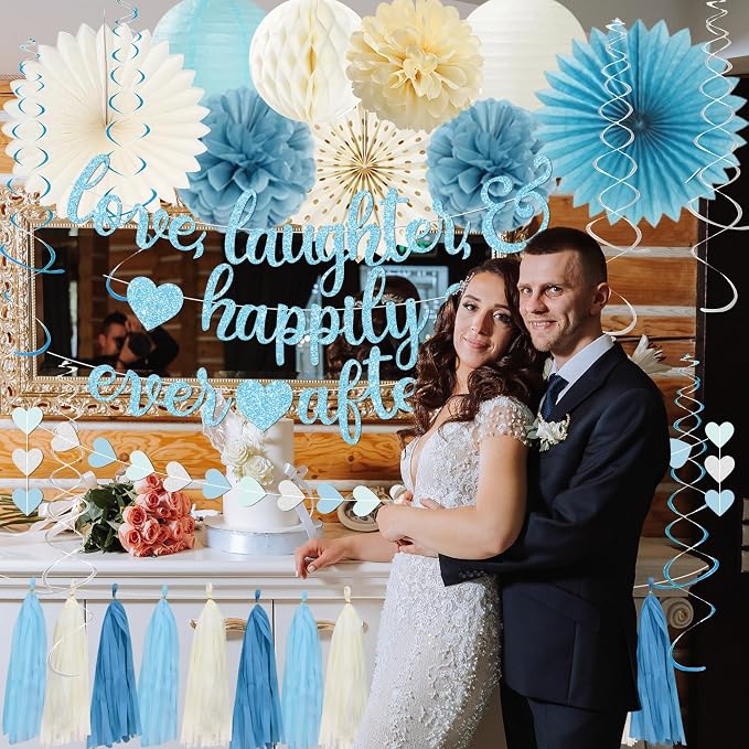 Roetyce Engagement Party Decorations, Blue Glitter Love Laughter & Happily Ever After Banner for Bridal Shower, Wedding Bachelorette Party Backdrop, Almost Married/Just Engaged Photo Background Decor