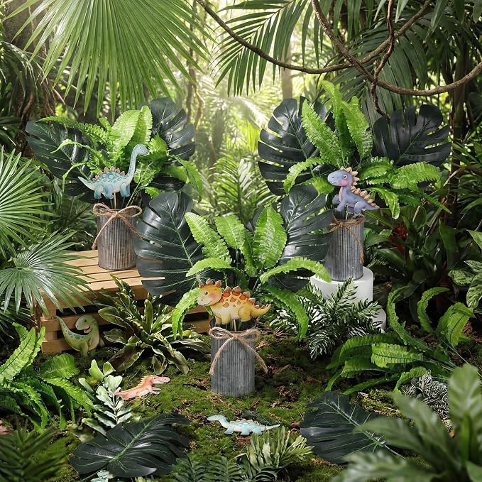 Suncalla 6 Set Dinosaur Party Table Centerpiece Decoration Dinosaur Themed Stick Set Include Vase Stick Artificial Leaves Jungle Animal Theme Table Topper for Baby Shower Birthday (Cylinder,Metal)