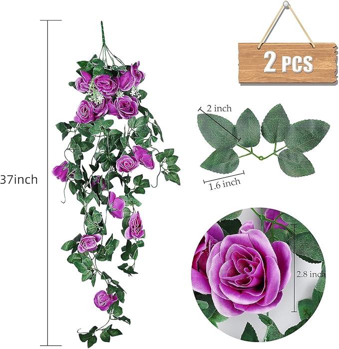 RECUTMS 2PCS Artificial Hanging Rose Flower Plants, 37 Inch Purple Fake Silk Floral Ivy Garlands for Outdoors Home Room Garden Front Porch Wedding Arch Bridal Shower Easter Indoor Party Greenery Decor