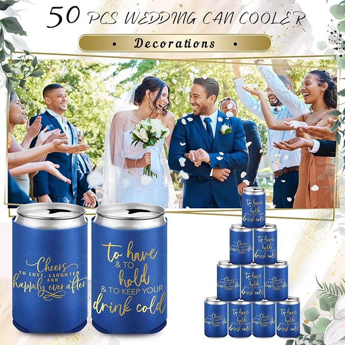 Qinyoung 50 Pieces Blue Wedding Can Cooler Bulk Engagement Party Favors for Guests Cheers to Love and Happily Ever After Rehearsal Dinner Decorations for Wedding Bridal