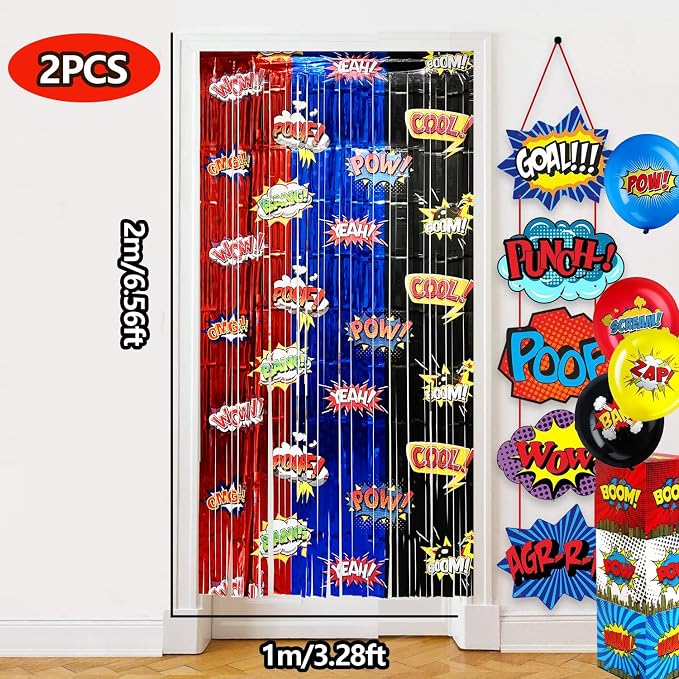 Black Red Blue Balloon Garland Arch Kit Birthday Party Decorations, Hero Foil Fringe Curtains Backdrop Tinsel Streamer Photo Booth Props for Hero Party Decor Supplies Favors