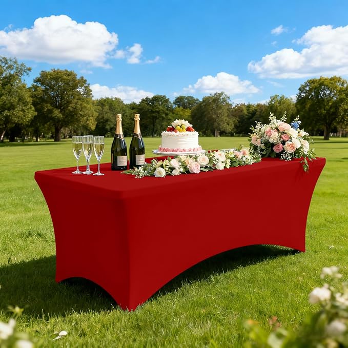 Moosfor Spandex Elastic Fitted 6FT Rectangle Tablecloth 6 Pack, Stretch Washable Reusable Table Cover for Outdoor Picnic, Dining, Wedding, Banquet & Party Events (Red, 72Lx30Wx30H Inch)