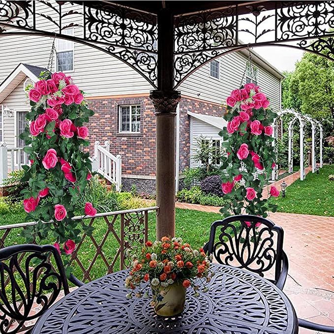 RECUTMS 4PCS Artificial Hanging Rose Flower, 37 Inch Fake Rose Red Silk Floral Ivy Plants for Home Room Garden Front Porch Wedding Arch Labor Day Summer Break Party Indoor Outdoor Greenery Decoration