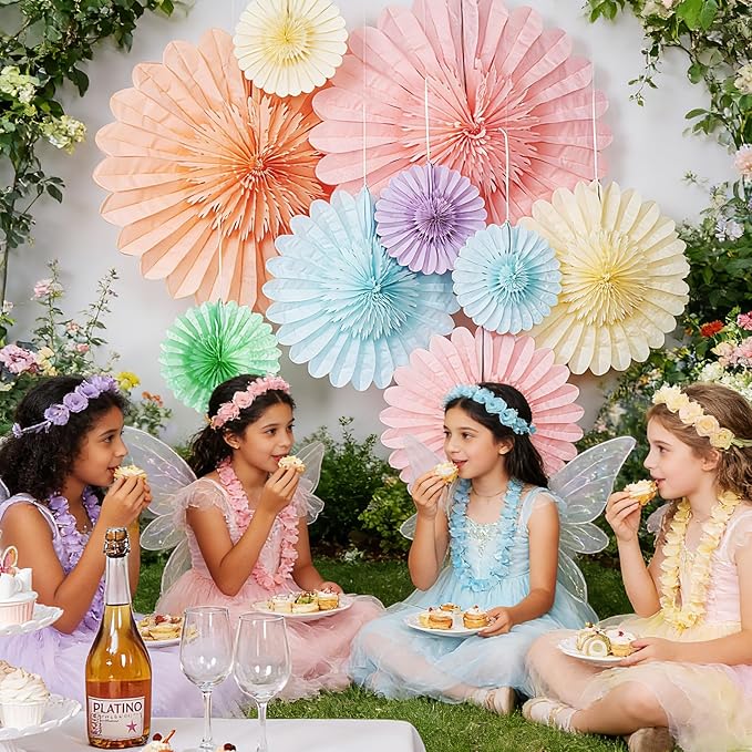 Paper Jazz 9pcs Spring Pastel Paper Fans Party Decoration,Paper Flowers Wall Decoration, Rainbow Birthday Party Decorations Tissue Pom Poms for Birthday Wedding Baby Shower Classroom.