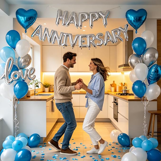 Blue Happy Anniversary Balloons Kit with Heart Shaped, Love Foil Balloons and 1000 Pieces Rose Petals for Valentine's Day Proposals Decorations (Blue - Happy Anniversary)