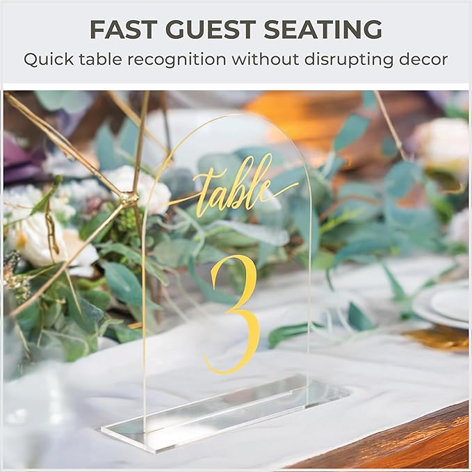 Clear Arch Acrylic Table Numbers for Wedding Reception - 5" x 7" Gold Font Centerpiece Set with Holder Stands & Head Table Sign - Anniversary, Event, Party, Wedding set 1-10