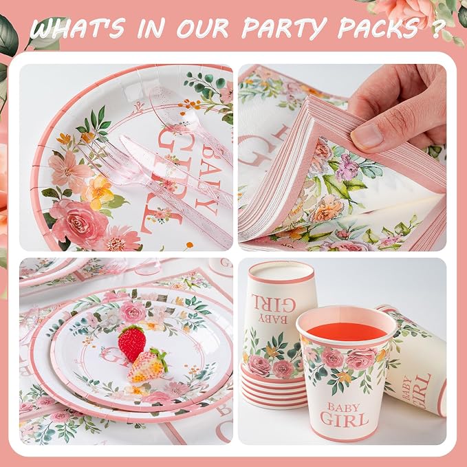 350 Pieces Baby Shower Decorations for Girl Serves 50 Guests, Floral Disposable Dinnerware Set, Pink and Rose Gold Paper Plates Cups Napkins with Plastic Cutlery