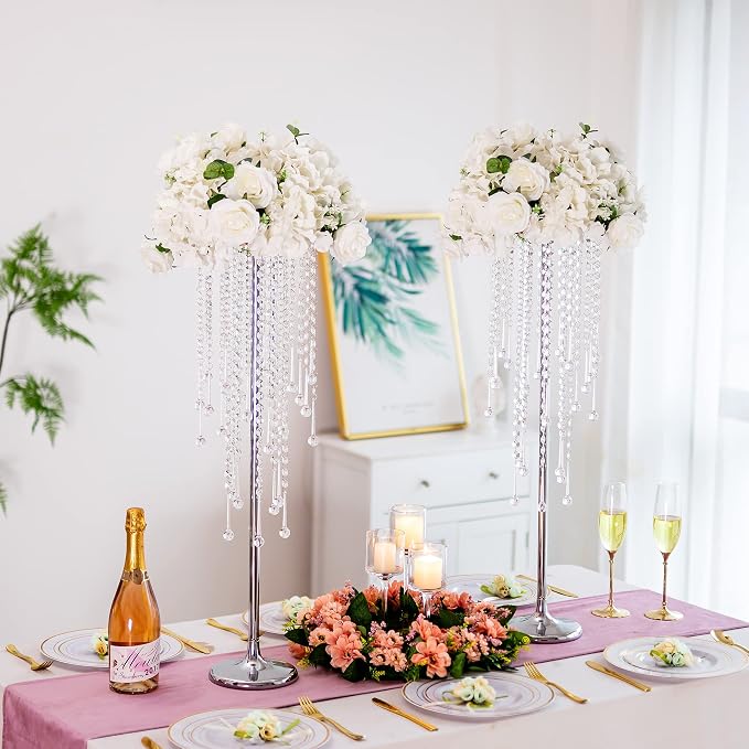 Silver Vases Wedding Centerpieces for Tables - 29.6" Tall Flower Vase with Chandelier Crystal, Centerpiece Table Decorations, Metal Flower Stand for Wedding, Reception, Party, Events, Home, 2 Pcs