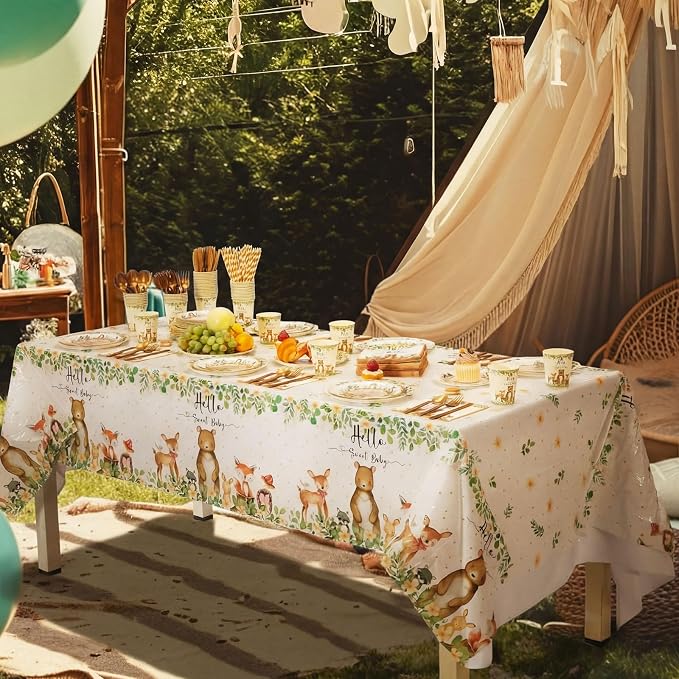Funnymoom 452 Pcs Woodland Baby Shower Decorations for 50 Guests, Forest Animals Woodland Paper Plates Napkins Cups Tablecloth Cutlery Straws for Neutral Forest Animal Baby Shower Party Supplies