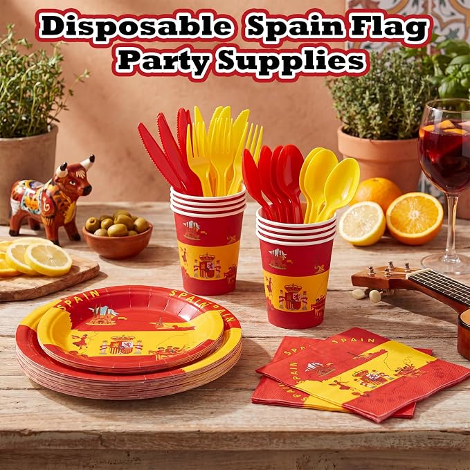 FoldTier 350 Pcs Spain Flag Party Supplies Disposable Spanish Flag Paper Plates and Napkins Spanish National Day Tableware for Country Decoration Patriotic Festival Party Supplies, Serves 50