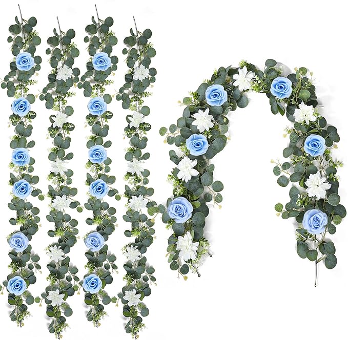 4 Pack Wedding Garland Set, Blue Rose & White Dahlia Hanging Flower Vines for Wedding Arch, Backdrop, Mantel, Home Decor (5.91ft)
