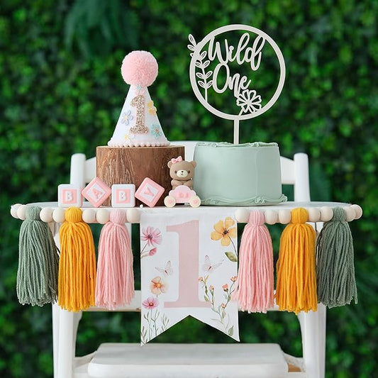 JUIIZAY Wildflower First Birthday Girl First Birthday High Chair Banner Hat and One Cake Topper for 1st Party Decor One Year Old Photoshoot Props