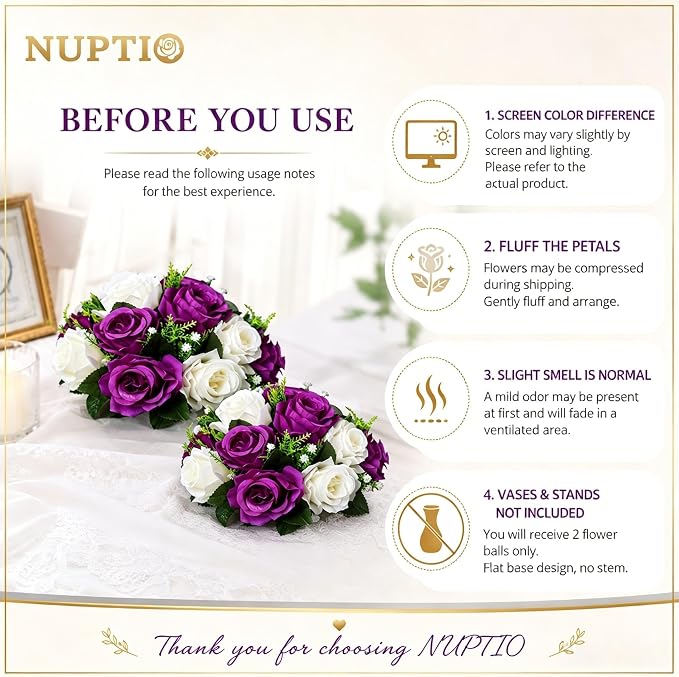 NUPTIO Flower Balls Centerpieces for Tables: 6 Pcs Purple White Fake Roses | 9.5 inch Diameter, Artificial Flower Arrangements for Wedding, Birthday Party, Bridal Shower, Quinceanera Decorations