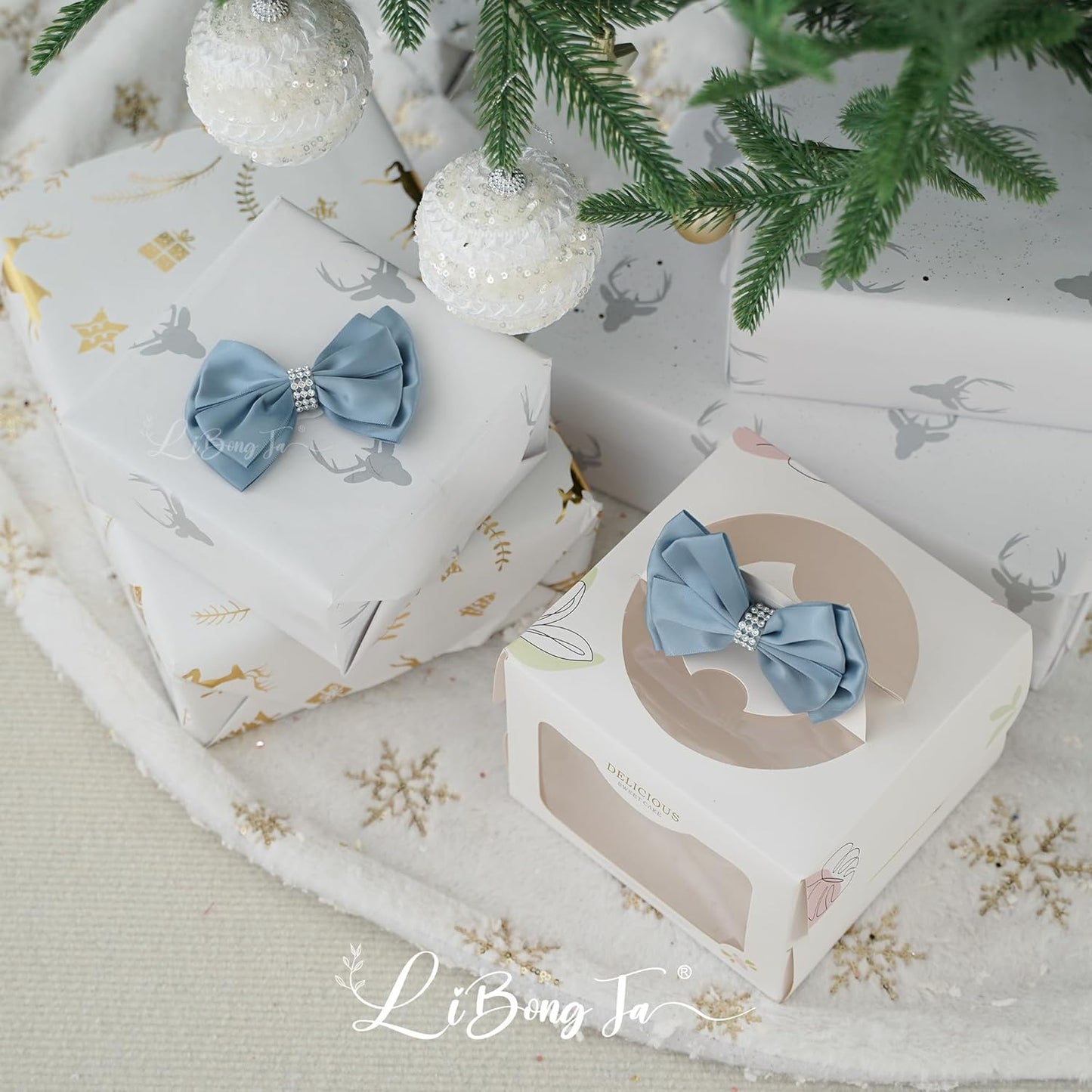 Satin Bows 4'' Premade Dusty Blue Ribbon Bow, Blue Gift Bows With Rhinestone, Wrapping Bows For Presents, Greeting Cards, Treat Bags, Wine Bottles, Valentines Bows For Gift Wrapping-12 Counts