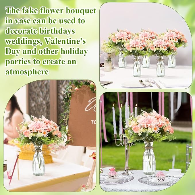 Reallnaive 30 Pack Artificial Flowers Table Centerpieces Decorations with Plastic Vase Wedding Mason Jar 20 Bundles Silk Floral Bouquet 10 Clear Vase with Rope for Party Decor(Dahlia,Pink)